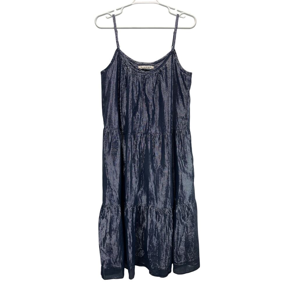 Xirena Tiered Dress Blue Silver Mini Striped Spaghetti Straps Med